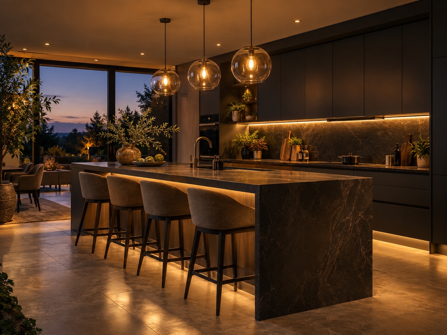 Modern kitchen with glowing pendant lights and LED strip lighting