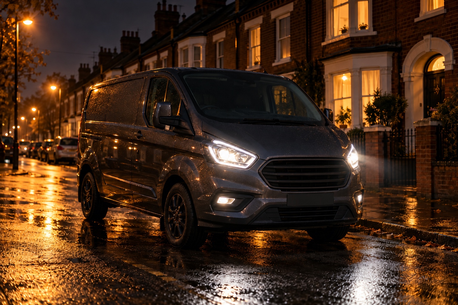Electrician's van on a residential street at night