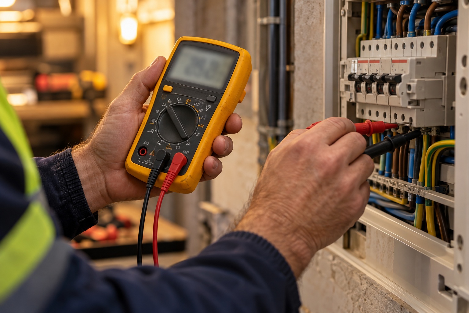Electrician testing wiring with a multimeter