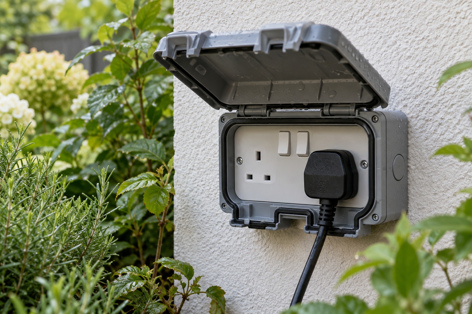 Weatherproof outdoor double socket on an exterior wall