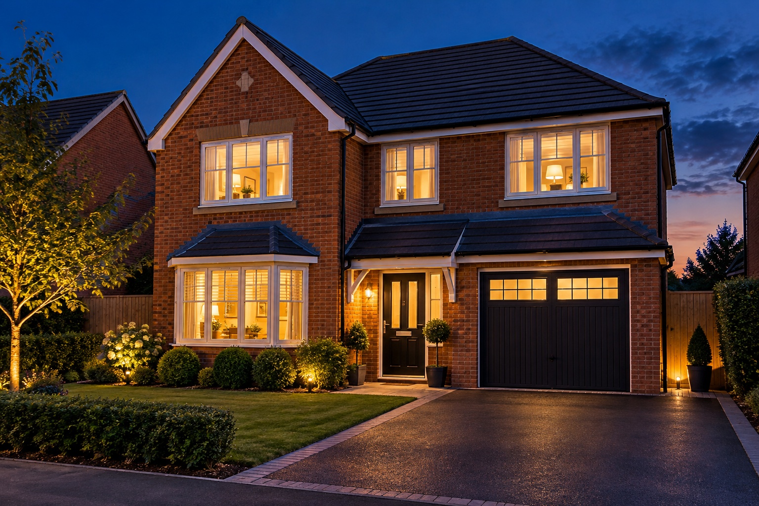 Detached house at dusk with warm lights in every window