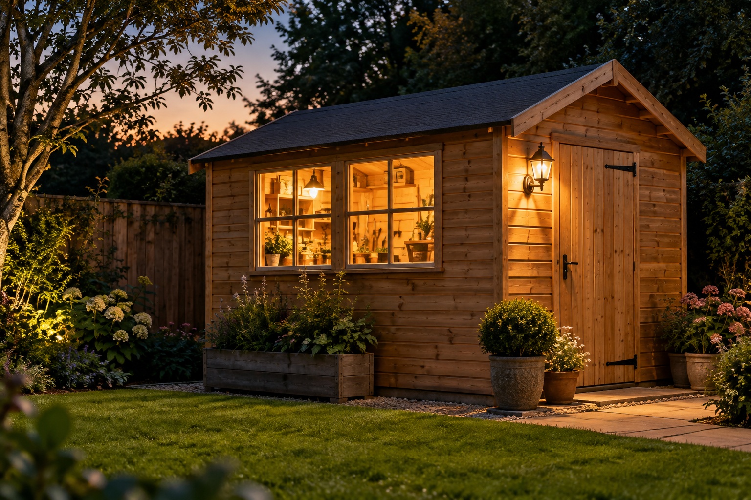 Wooden garden shed lit up at dusk